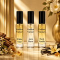 Three perfume bottles labeled 'The Golden Victory' with floral and vanilla decorations on a warm background.