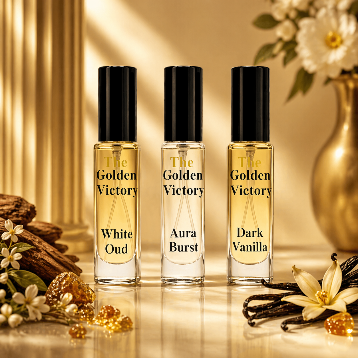 Three perfume bottles labeled 'The Golden Victory' with floral and vanilla decorations on a warm background.
